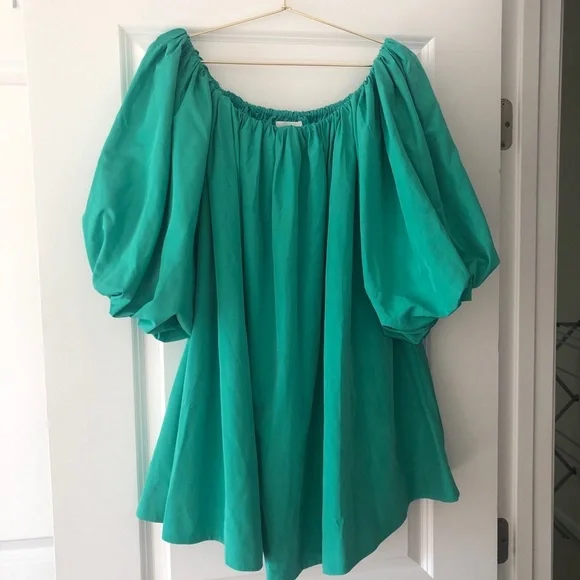 Anthropologie Mare Mare Off The Shoulder Puff Sleeve Green Mini Dress Size Small - Picture 2 of 13